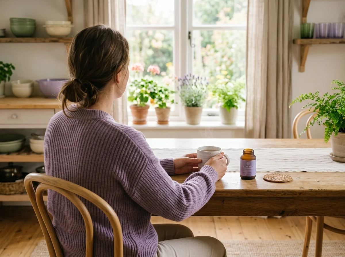 Anonieme persoon aan keukentafel met kruideninfusie en supplement flacon - rustige thuisomgeving